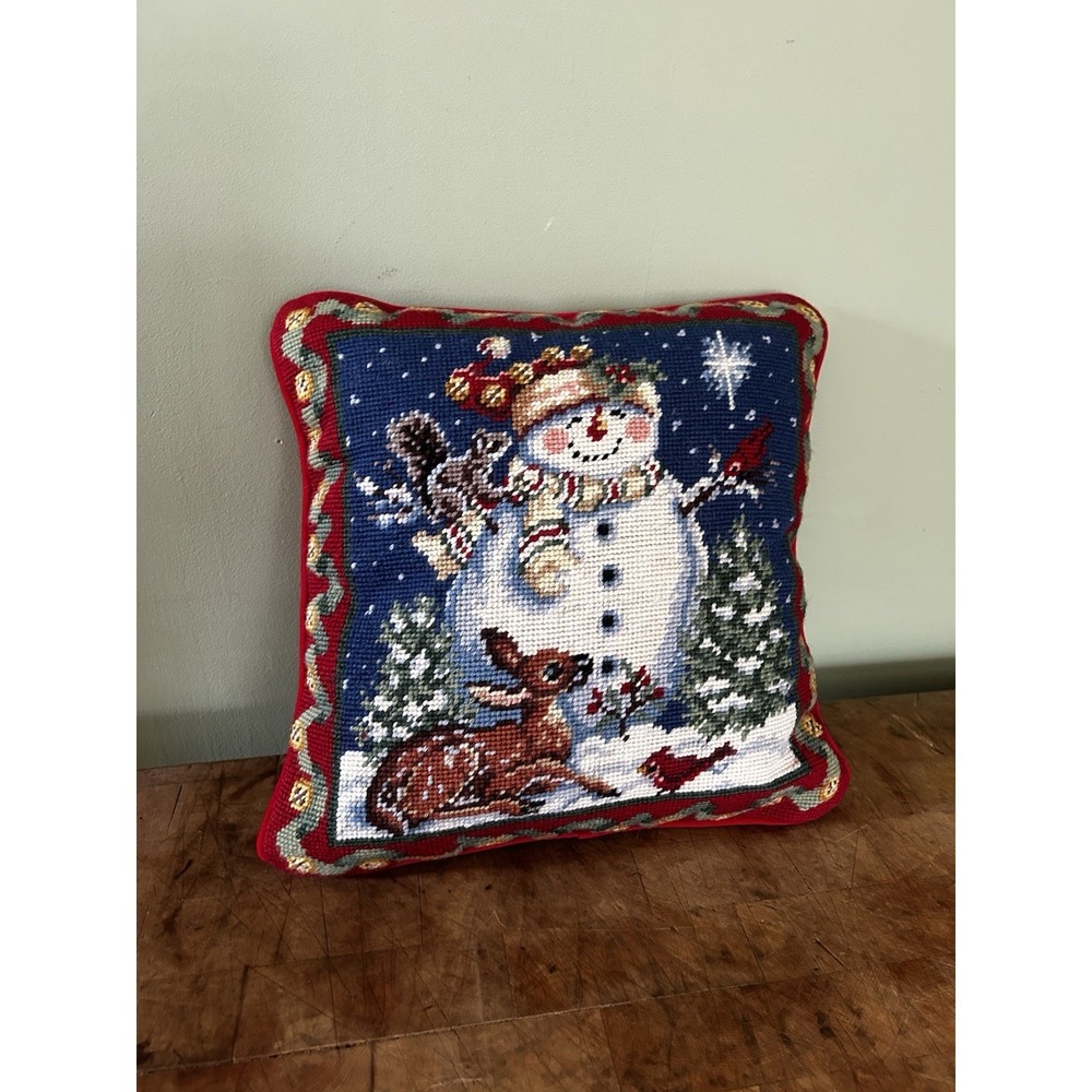 Vintage Needlepoint Pillow Snowman Deer Bird Christmas Velvet Back 13"